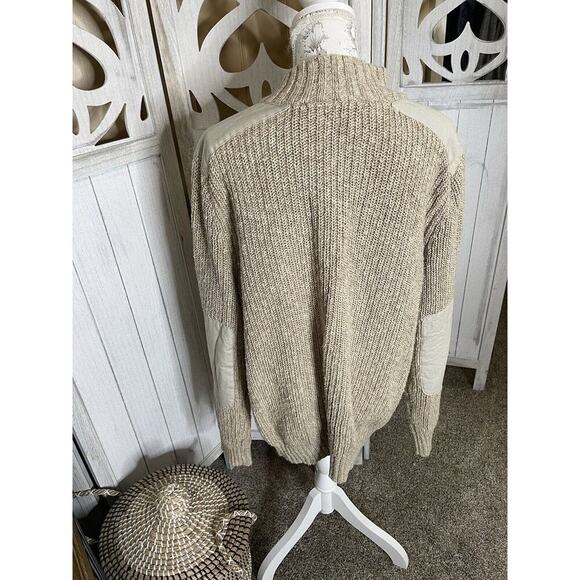 LL Bean Commando Sweater Henley Tan Knit Elbow Patches Mens Large Cotton - Picture 3 of 6
